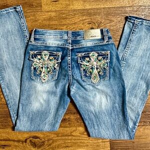 Grace • Size 29 • Blue Denim • Multi-Colors Cross W/ Rhinestones • Bootcut Jeans